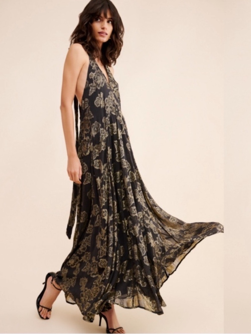 Free People Holding on convertible black and gold foil flowers maxi dress Sz S - Picture 3 of 17